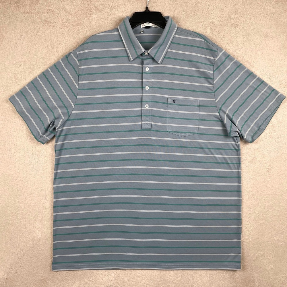 Criquet Polo Shirt Mens XXL Blue Green Striped Performance Pocket Preppy Golf - Picture 2 of 9